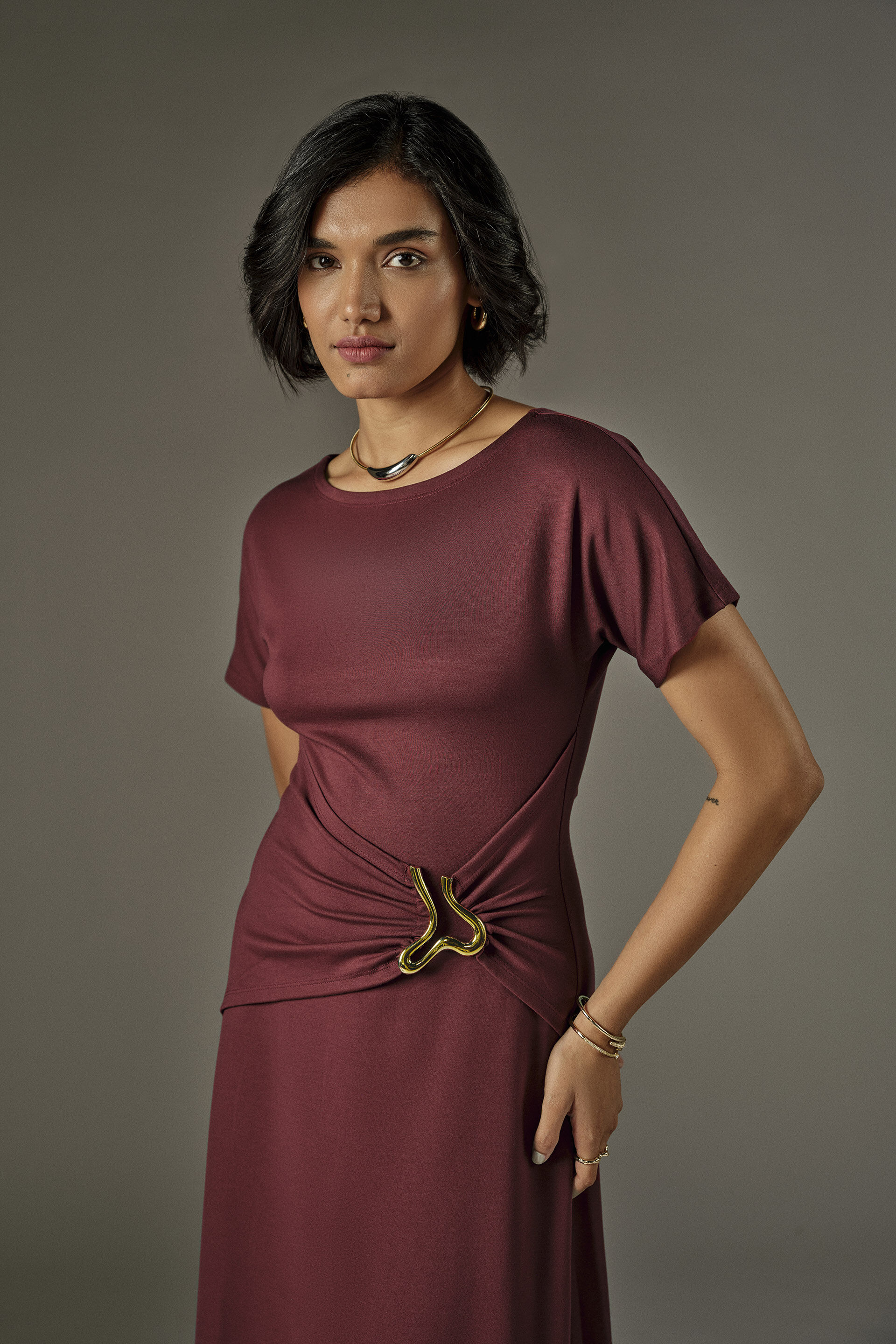 Velra Wine Draped Dress, Wine, image 2